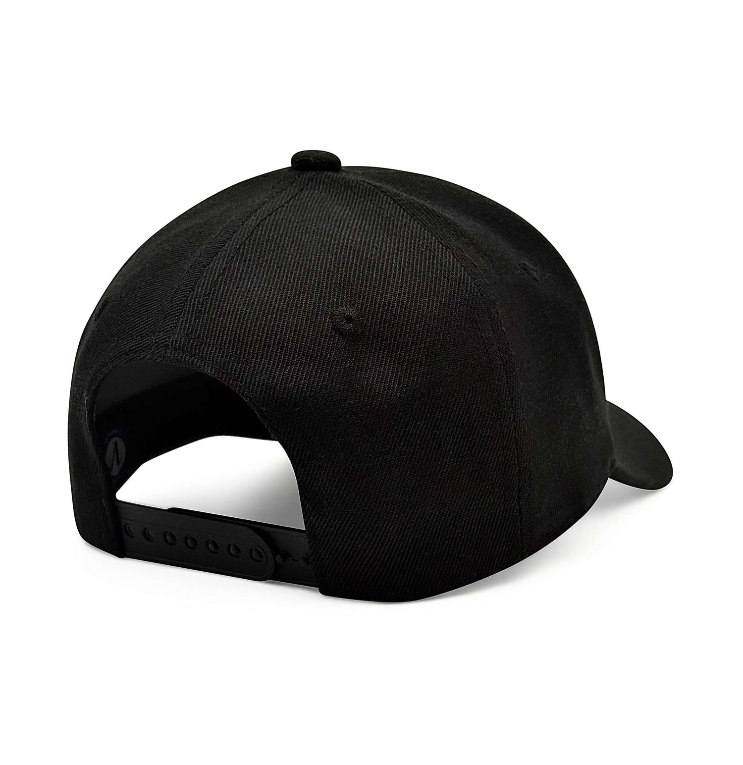 Rear view of the onyx and black Listo premium hat showing the adjustable snapback