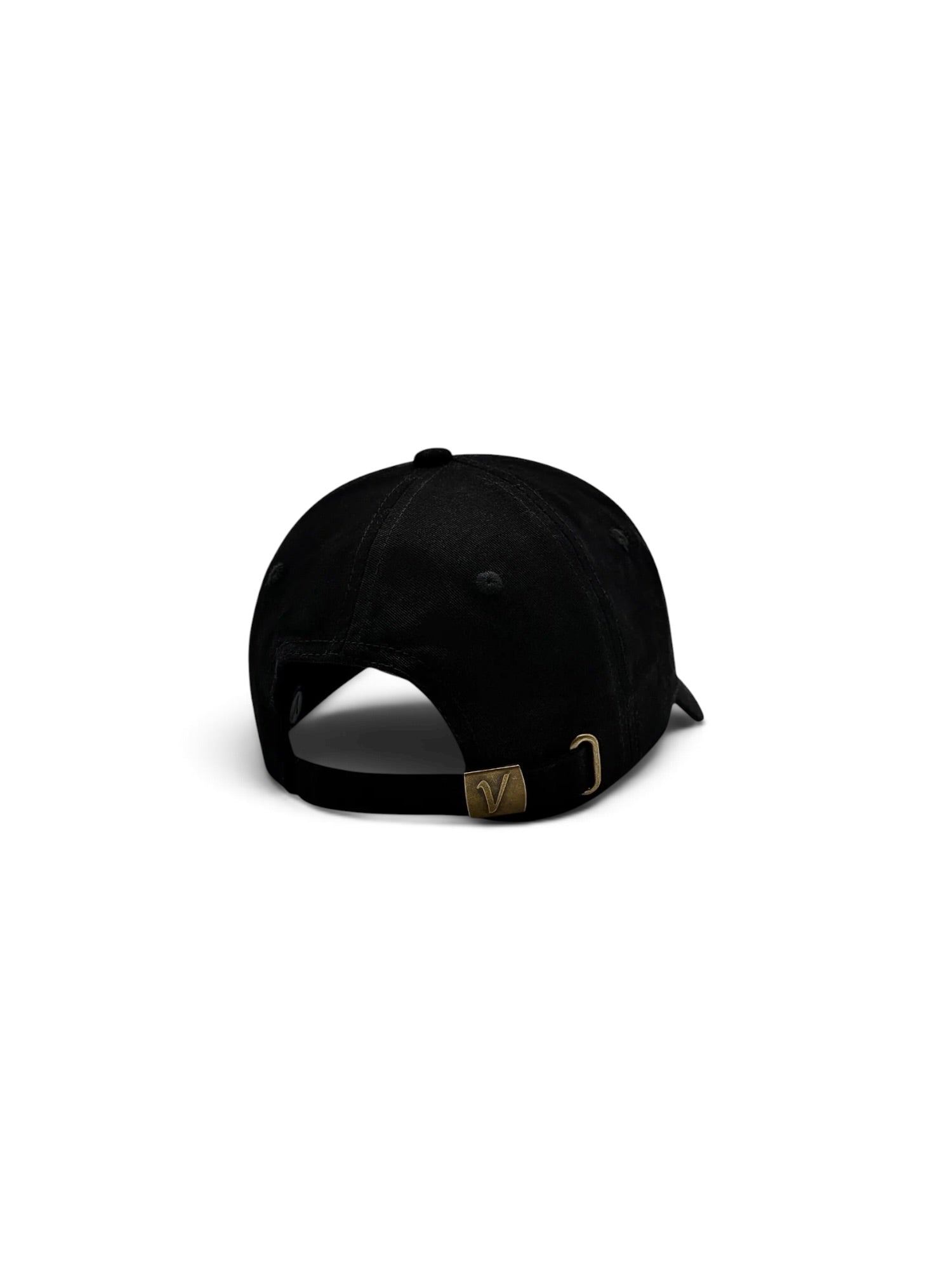 Rear view of the black on black Elation relaxed-fit cotton hat by Vancouver Signature