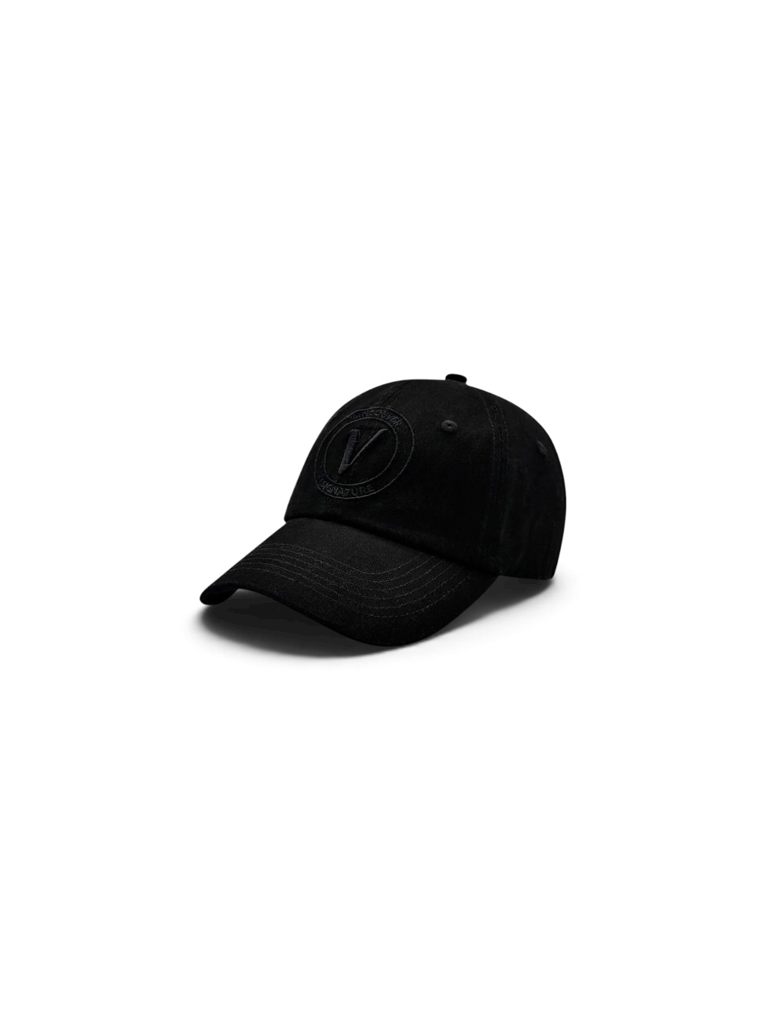 Front view of the black on black Elation relaxed-fit cotton hat by Vancouver Signature