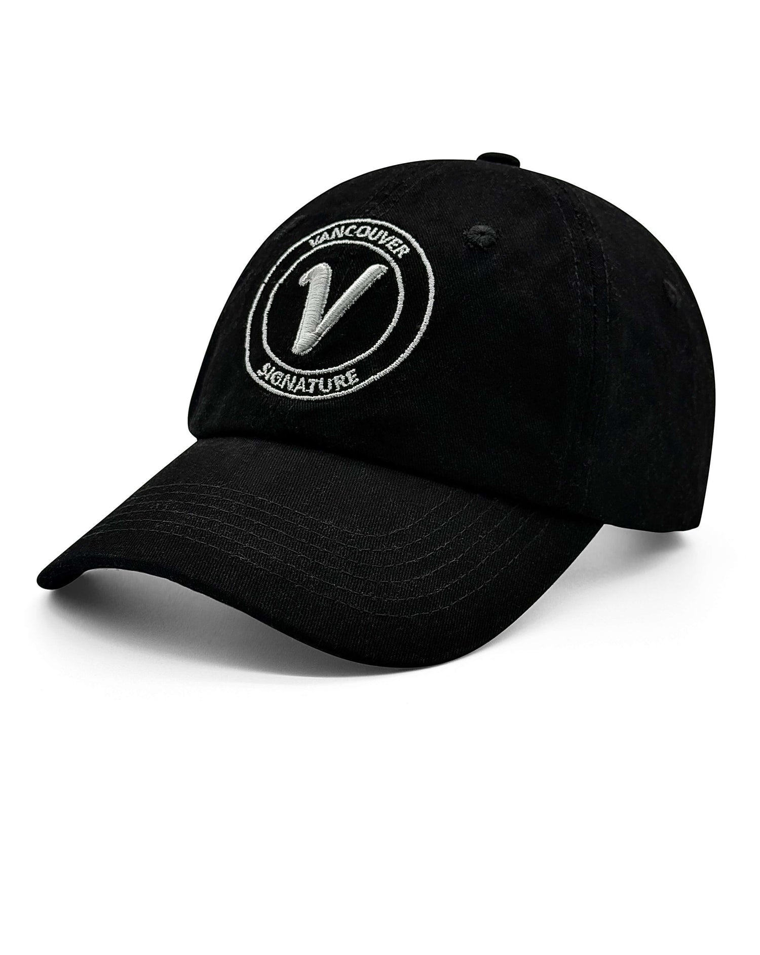 Front view of the black and white Elation relaxed-fit cotton hat by Vancouver Signature