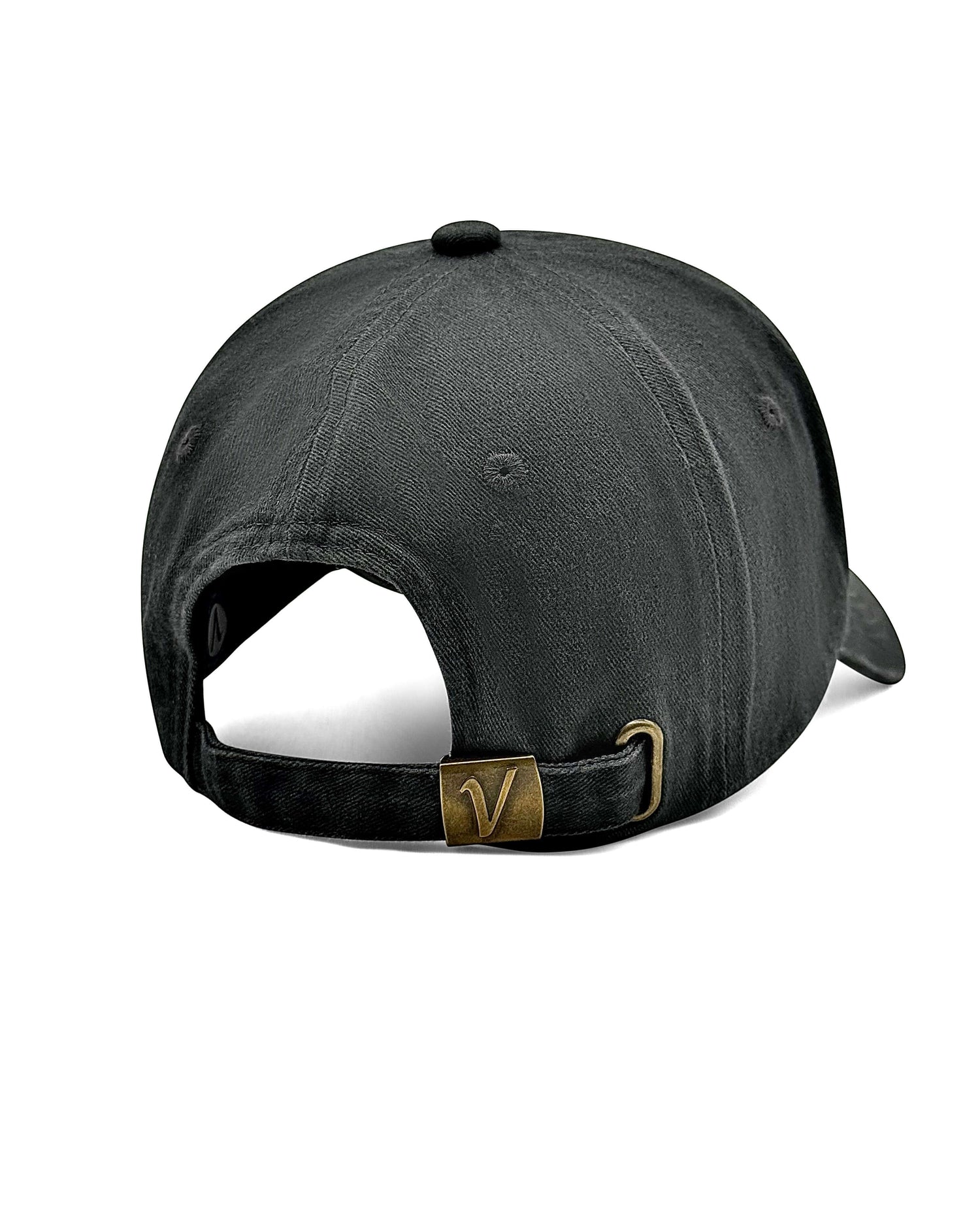 Rear view of the charcoal and black Elation cotton hat showing the adjustable brass buckle strap