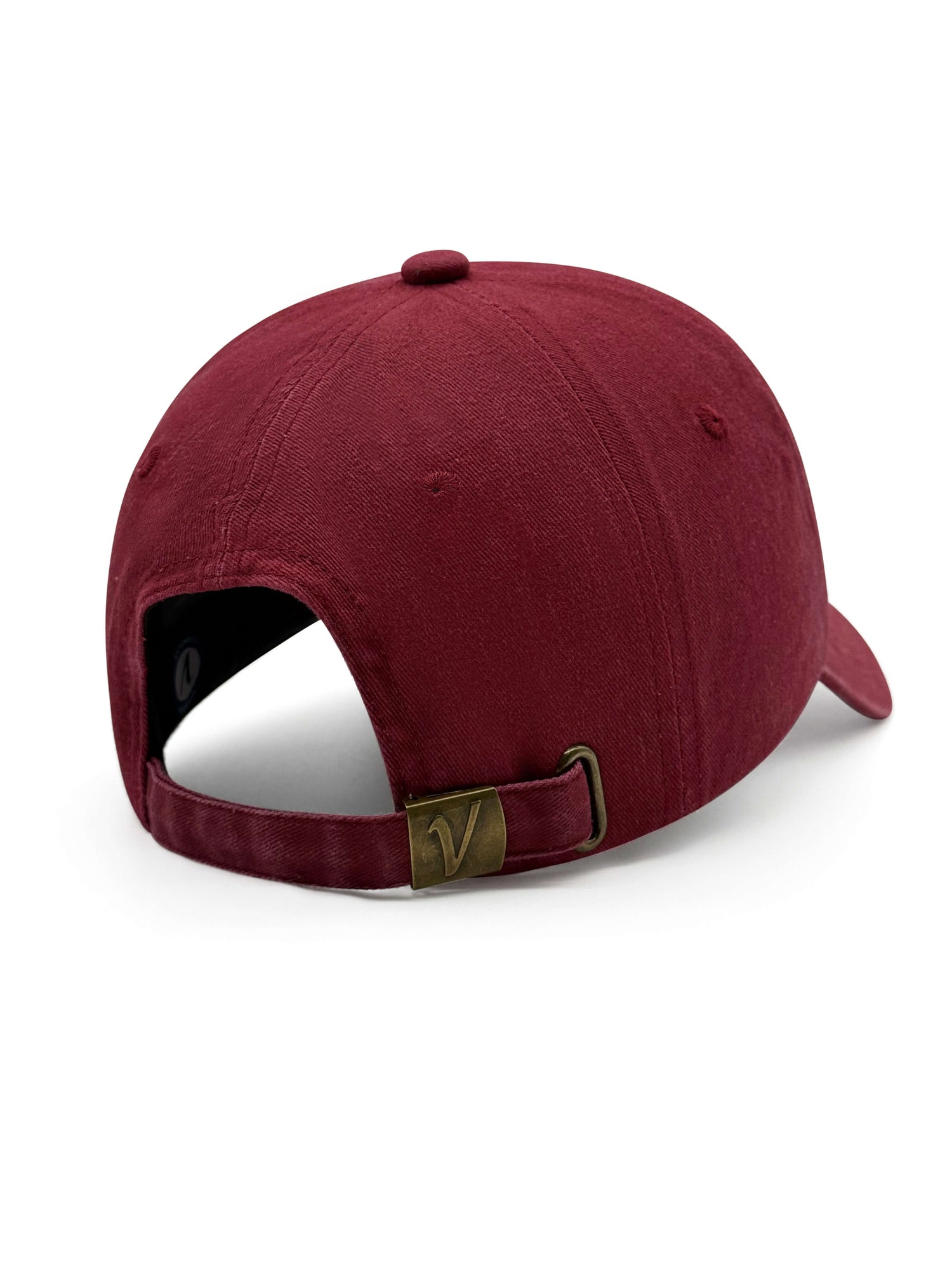 Rear view of the maroon and white Elation cotton hat showing the adjustable brass buckle strap