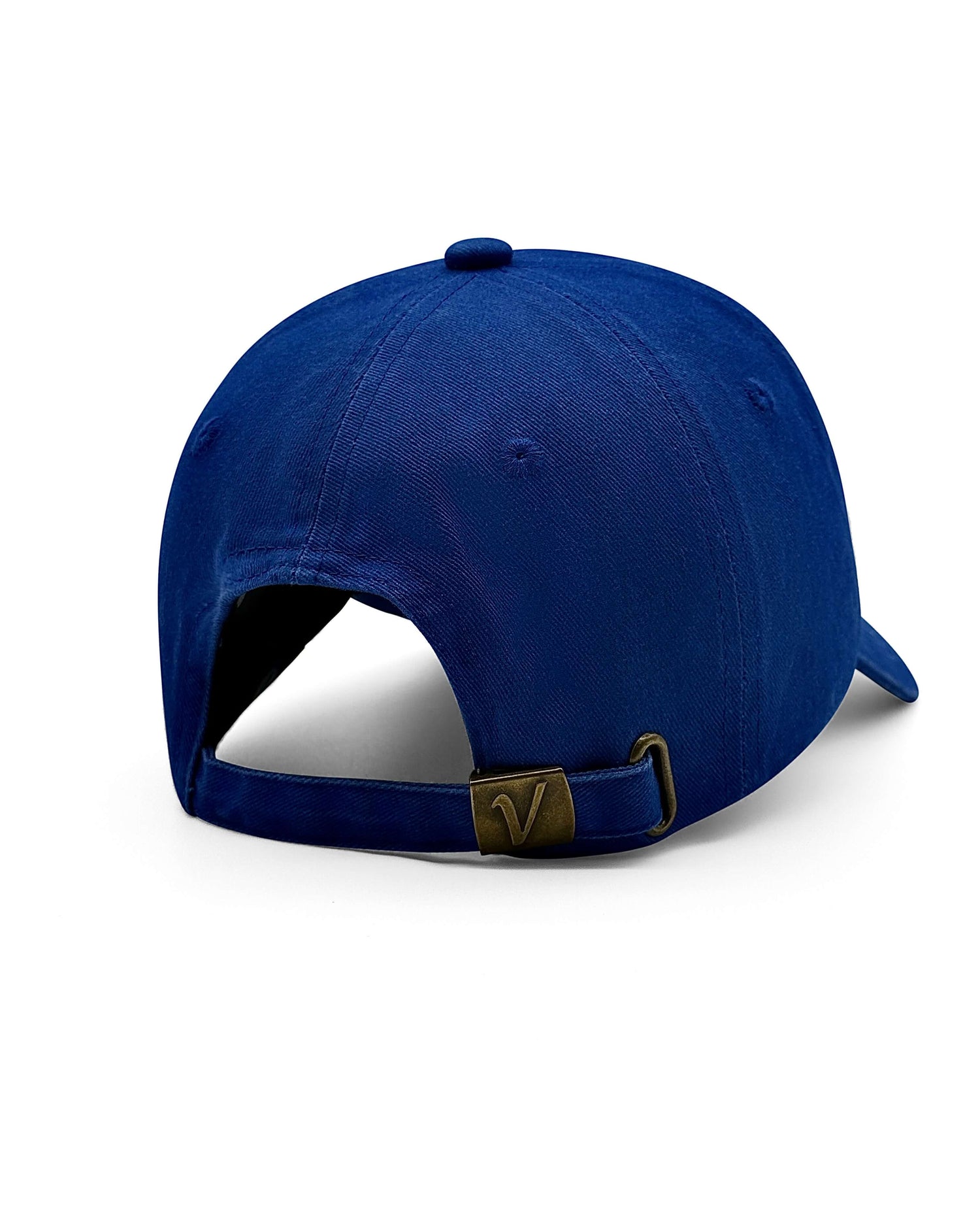 Rear view of the pacific and white Elation cotton hat showing the adjustable brass buckle strap.
