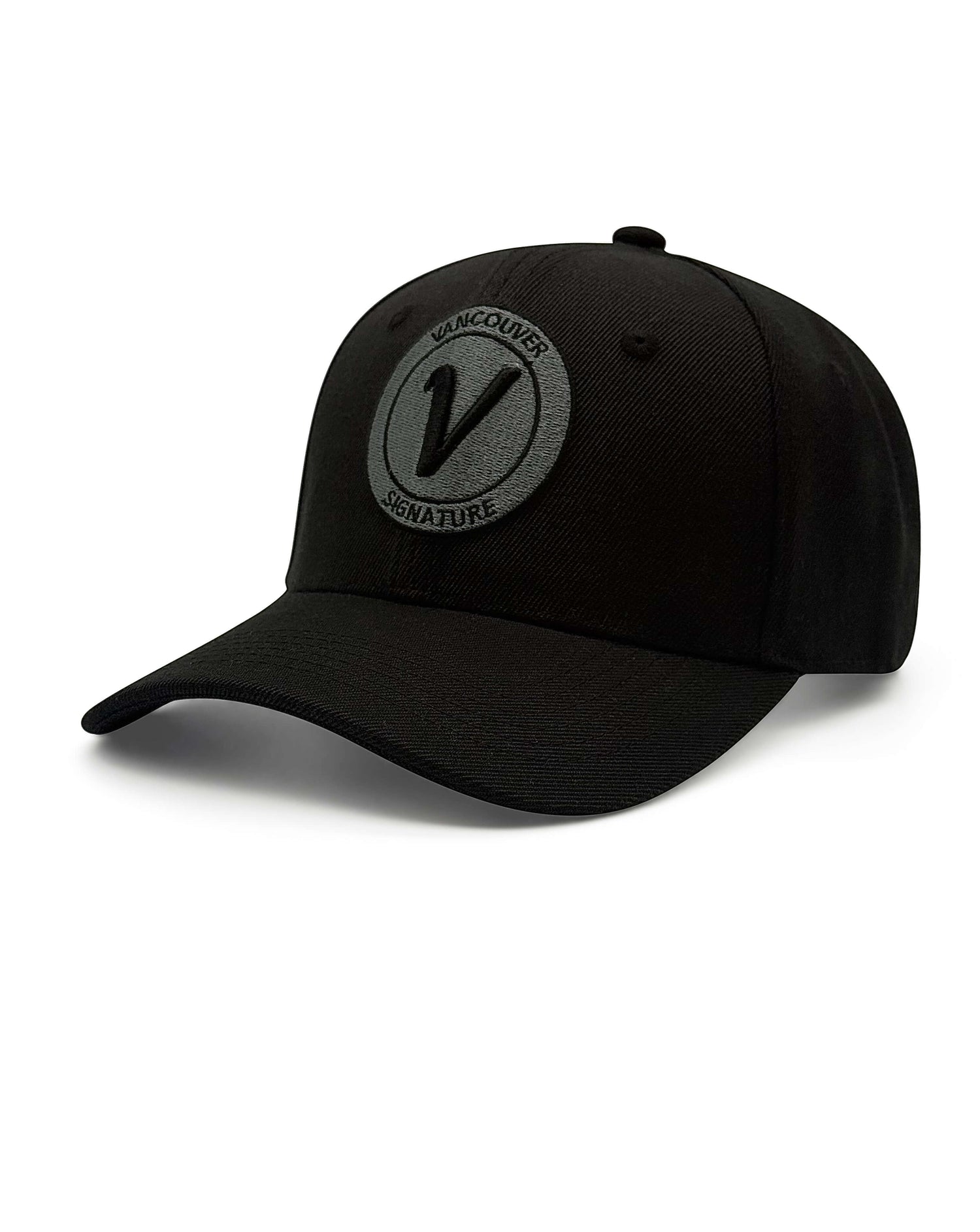 front view of the black on black First Up athleisure adjustable hat by Vancouver Signature