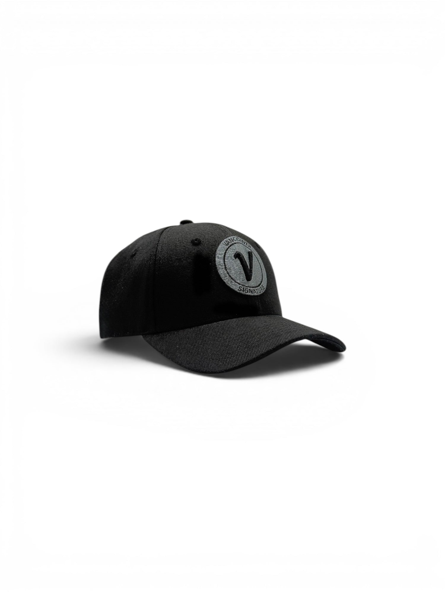 front view of the black on black First Up athleisure adjustable hat by Vancouver Signature