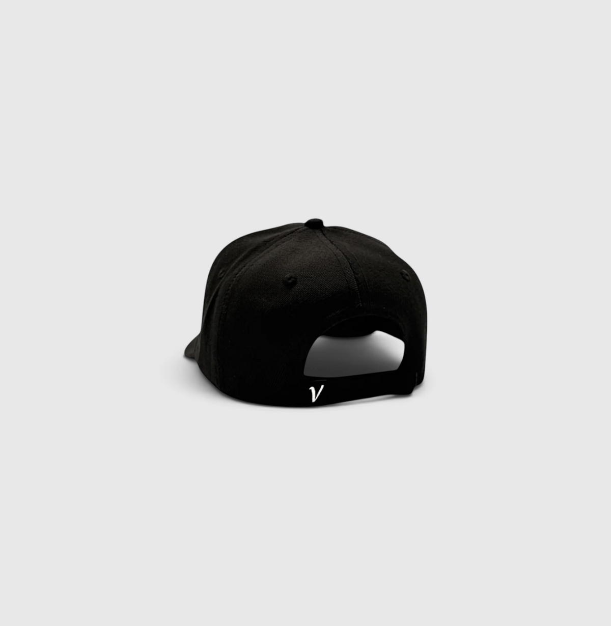 Rear view of the black and white First-Up lifestyle adjustable hat showing the adjustable back