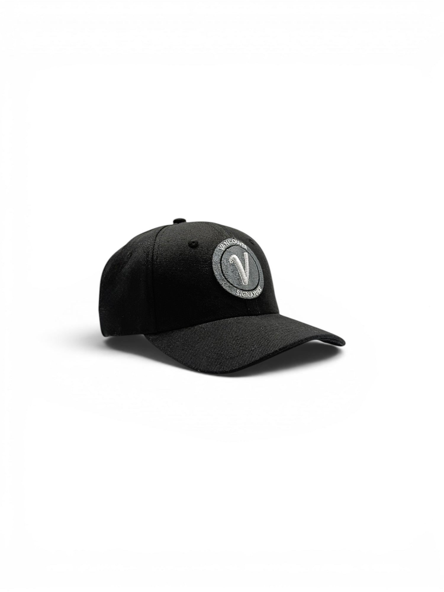 front view of the black and white First Up lifestyle adjustable hat by Vancouver Signature