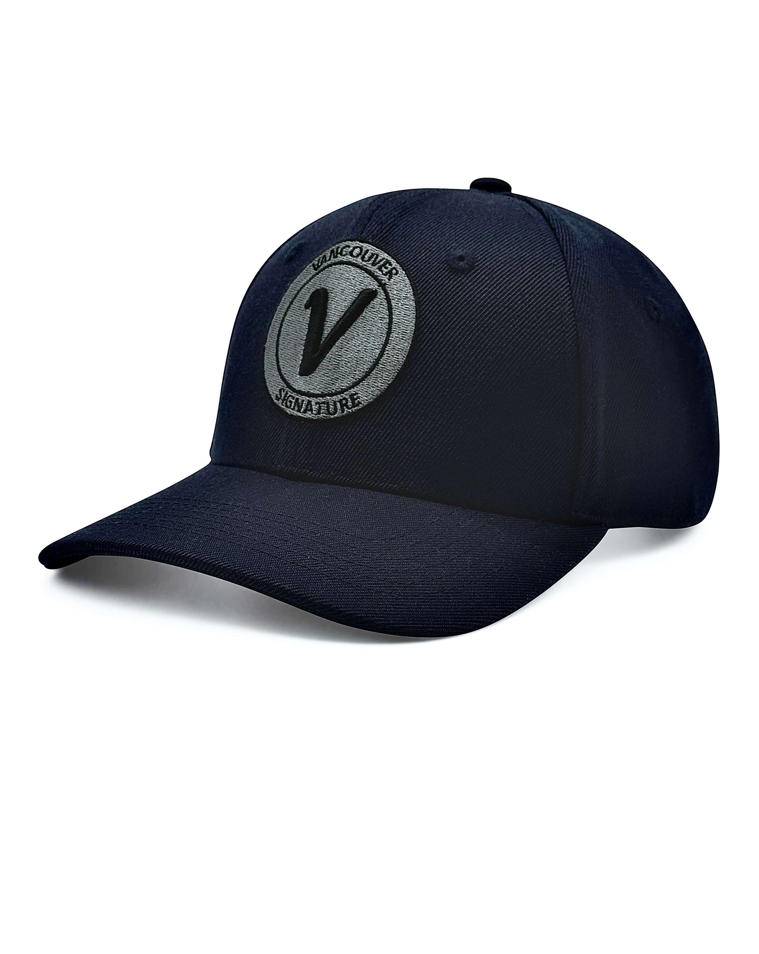 front view of the true-navy and black First Up athleisure adjustable hat by Vancouver Signature