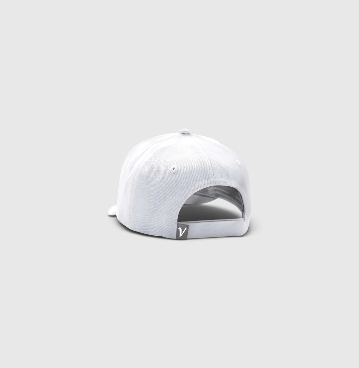 Rear view of the white on white First-Up lifestyle adjustable hat showing the adjustable back