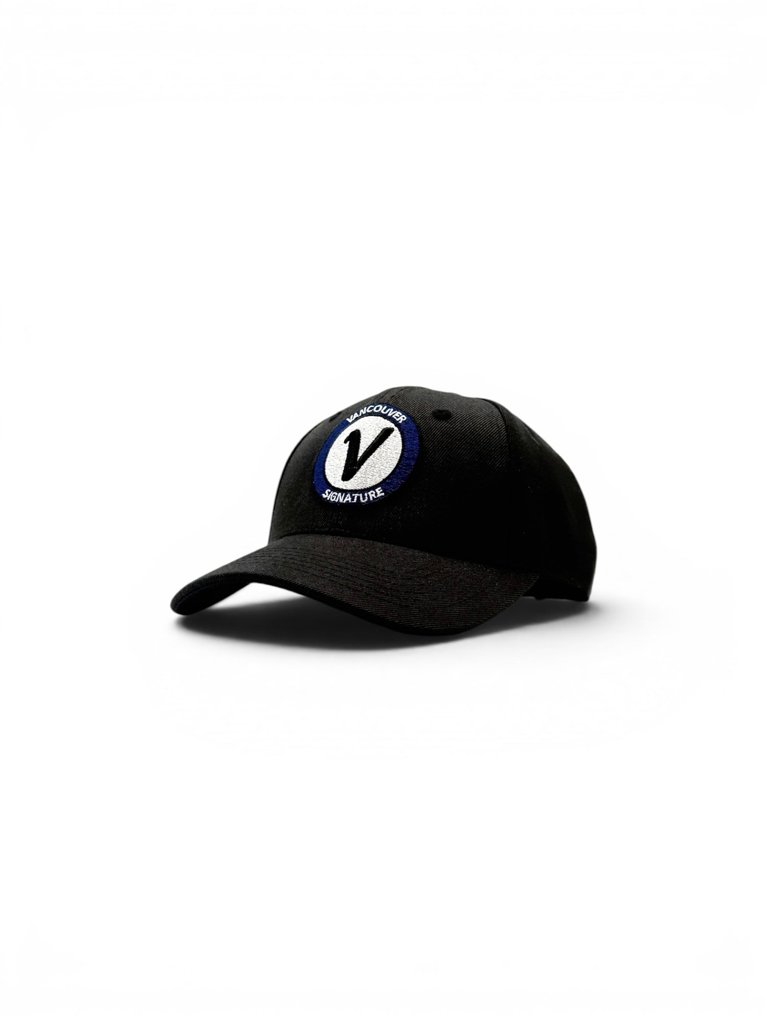 Front view of the black and black Listo premium structured hat by Vancouver Signature