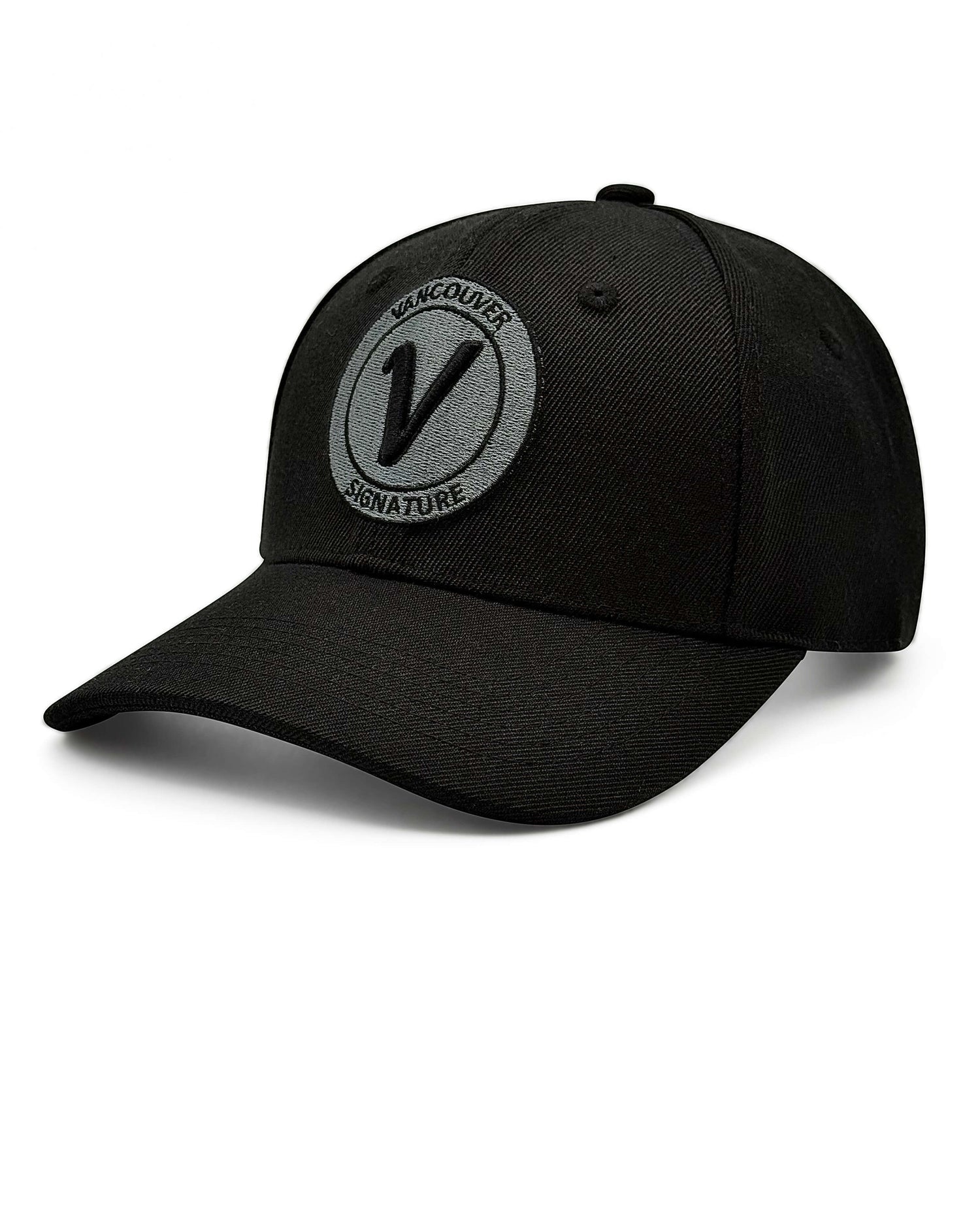 Front view of the onyx and black Listo premium structured hat by Vancouver Signature