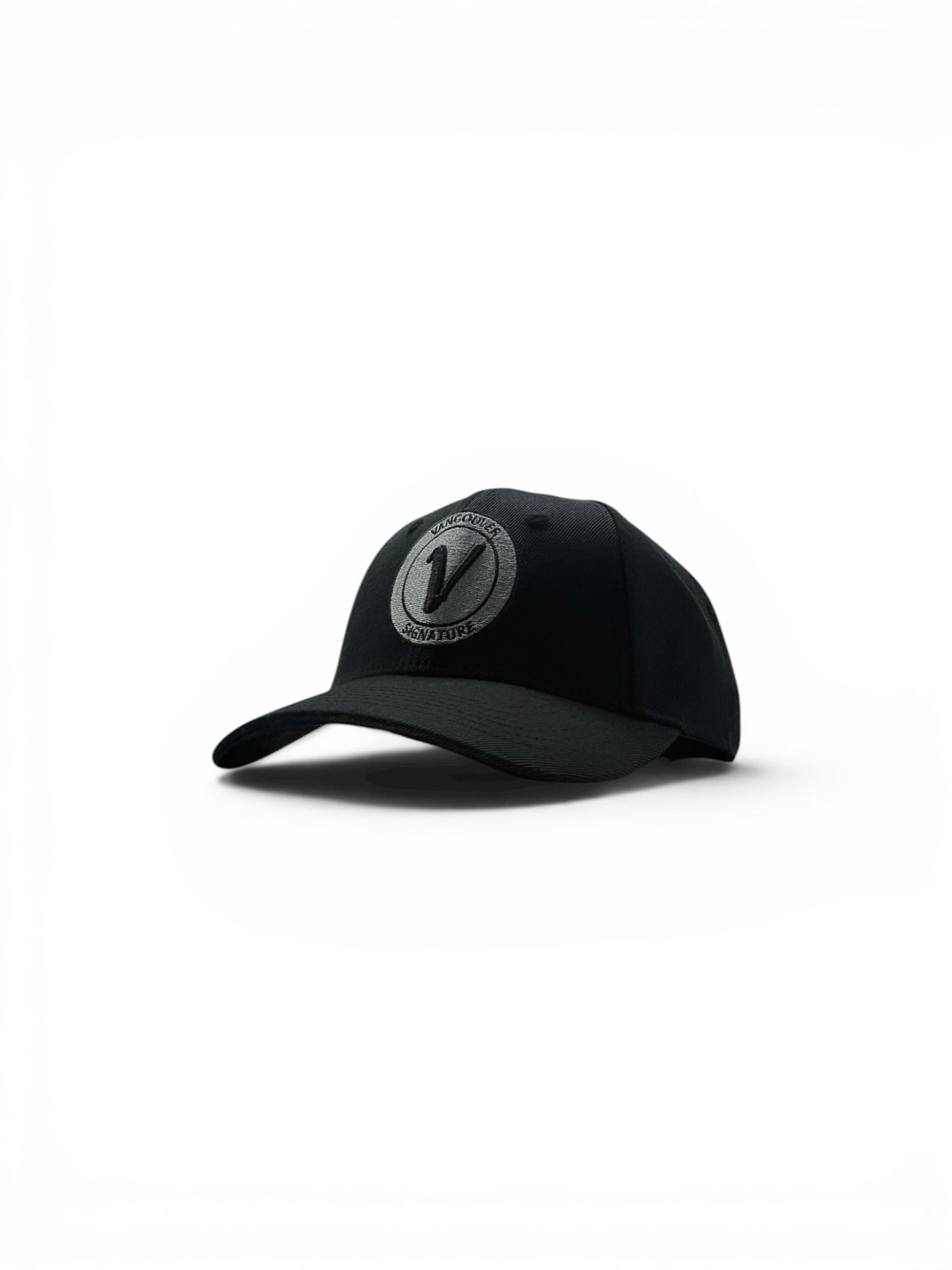 Front view of the onyx and black Listo premium structured hat by Vancouver Signature