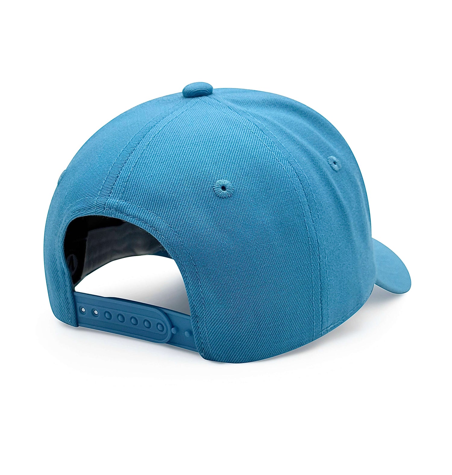 Rear view of the lagoon and white Listo premium hat showing the adjustable snapback