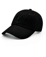 Front view of the black on black Elation relaxed-fit cotton hat by Vancouver Signature