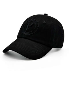 Front view of the black on black Elation relaxed-fit cotton hat by Vancouver Signature