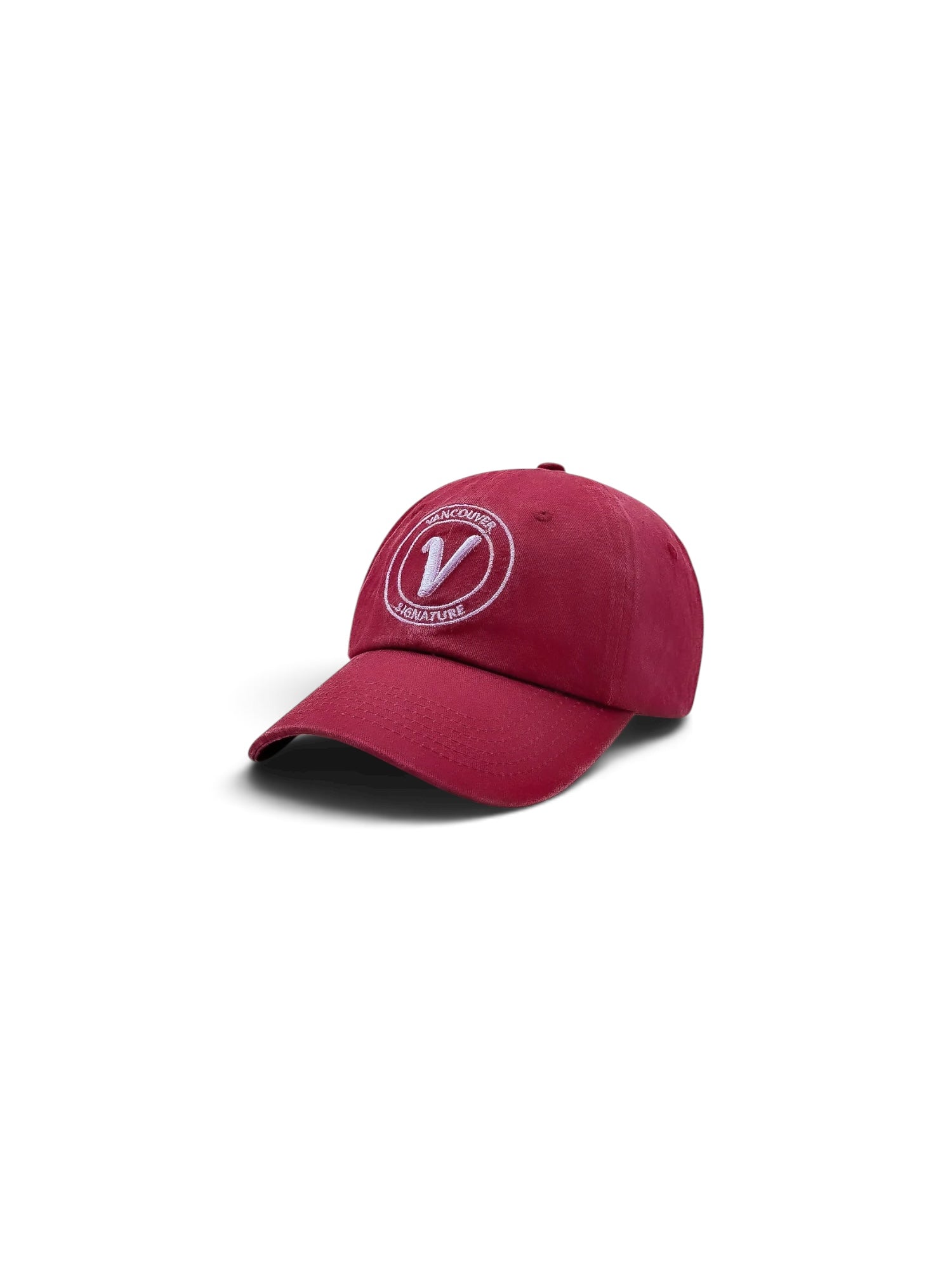 Front view of the burgundy and white Elation relaxed-fit cotton hat by Vancouver Signature