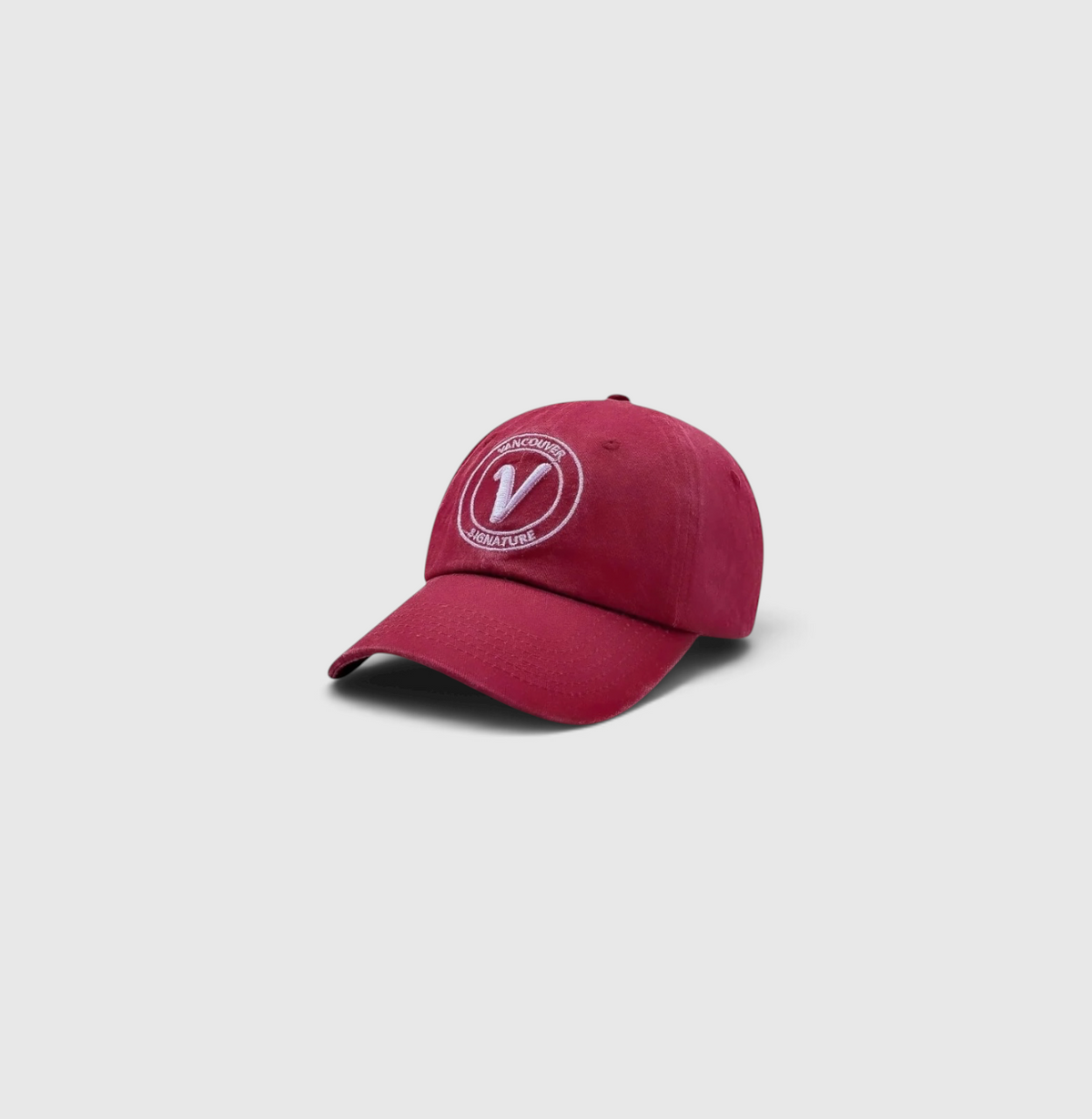 Front view of the burgundy and white Elation relaxed-fit cotton hat by Vancouver Signature