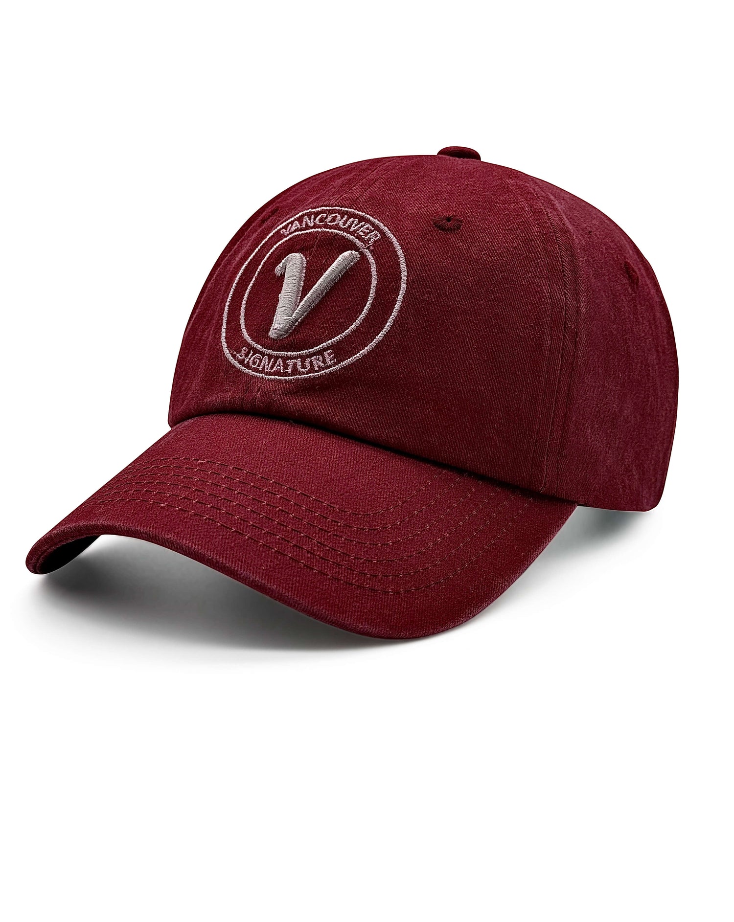 Front view of the maroon and white Elation relaxed-fit cotton hat by Vancouver Signature