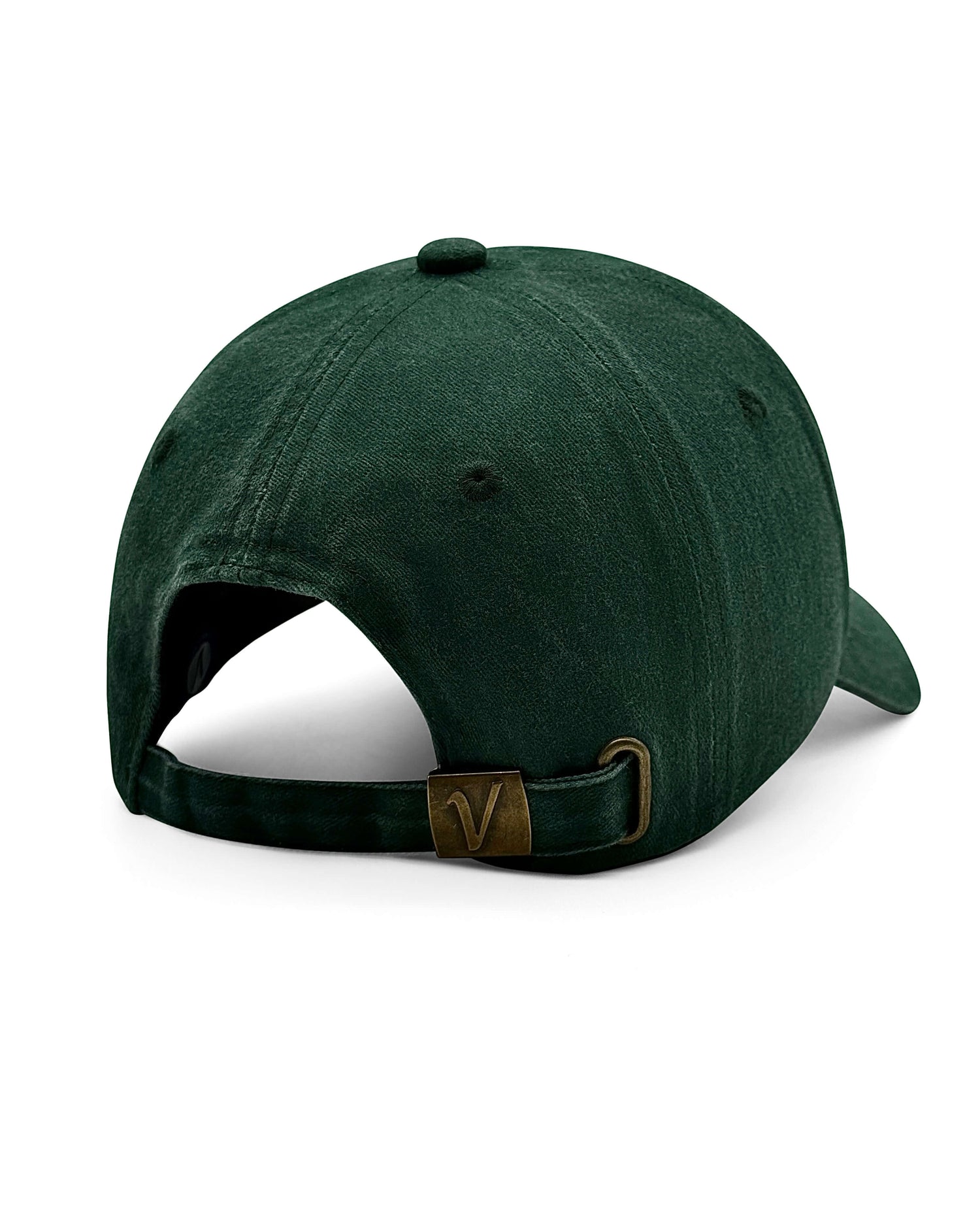 Rear view of the pine and white Elation cotton hat showing the adjustable brass buckle strap