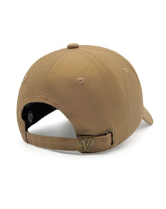 Rear view of the sands and black Elation cotton hat showing the adjustable brass buckle strap