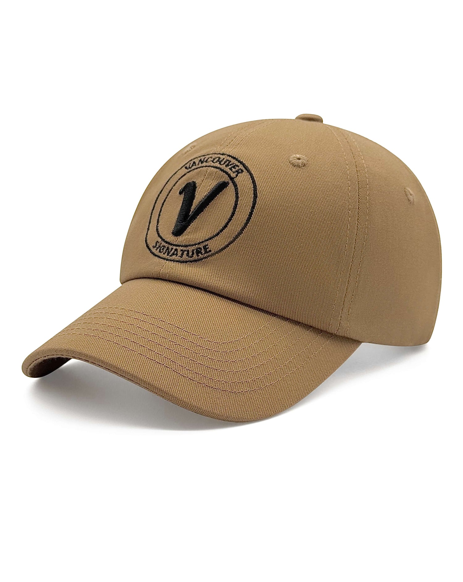 Front view of the sands and black Elation relaxed-fit cotton hat by Vancouver Signature