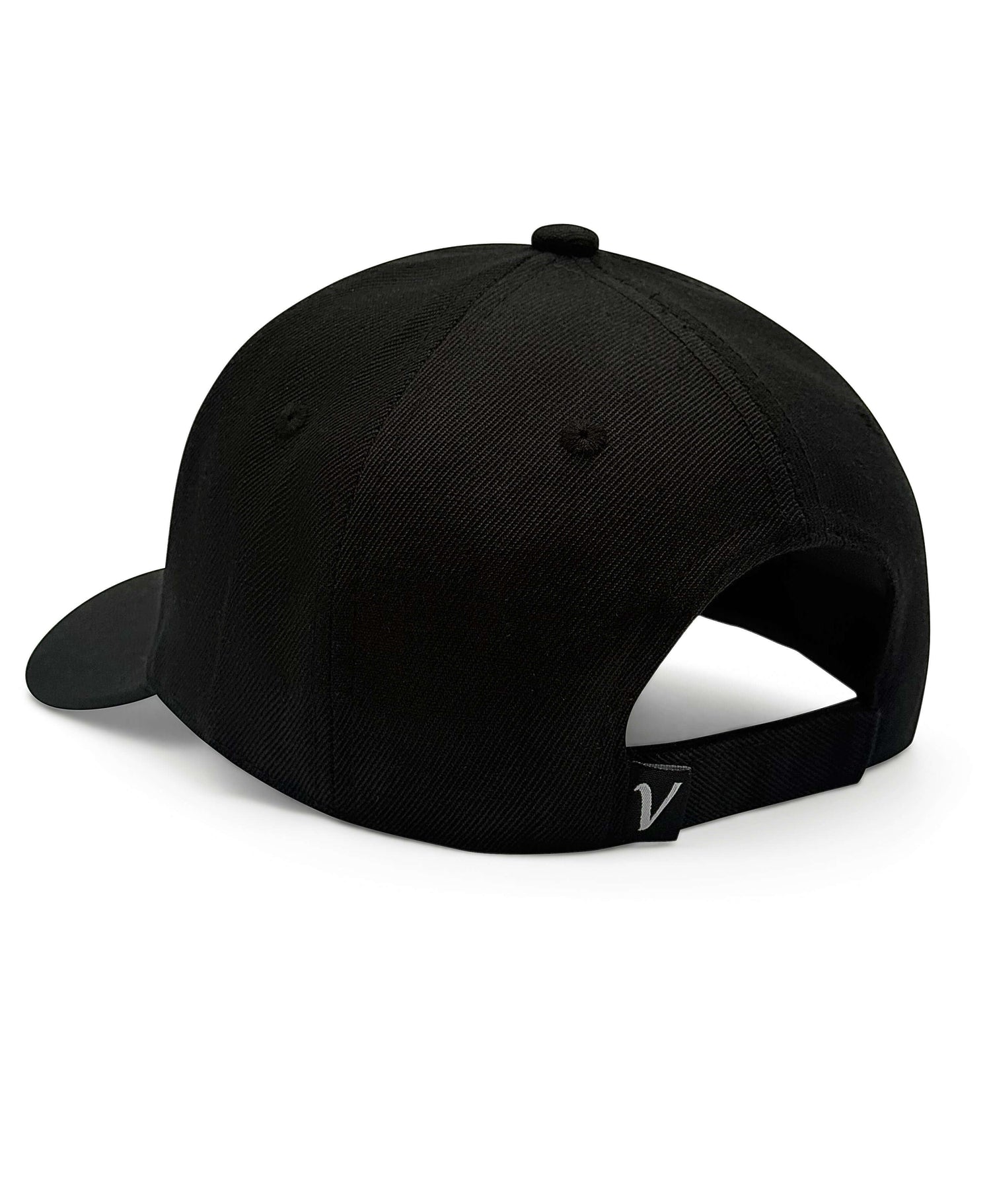 Rear view of the black and white First-Up athleisure adjustable hat showing the adjustable back