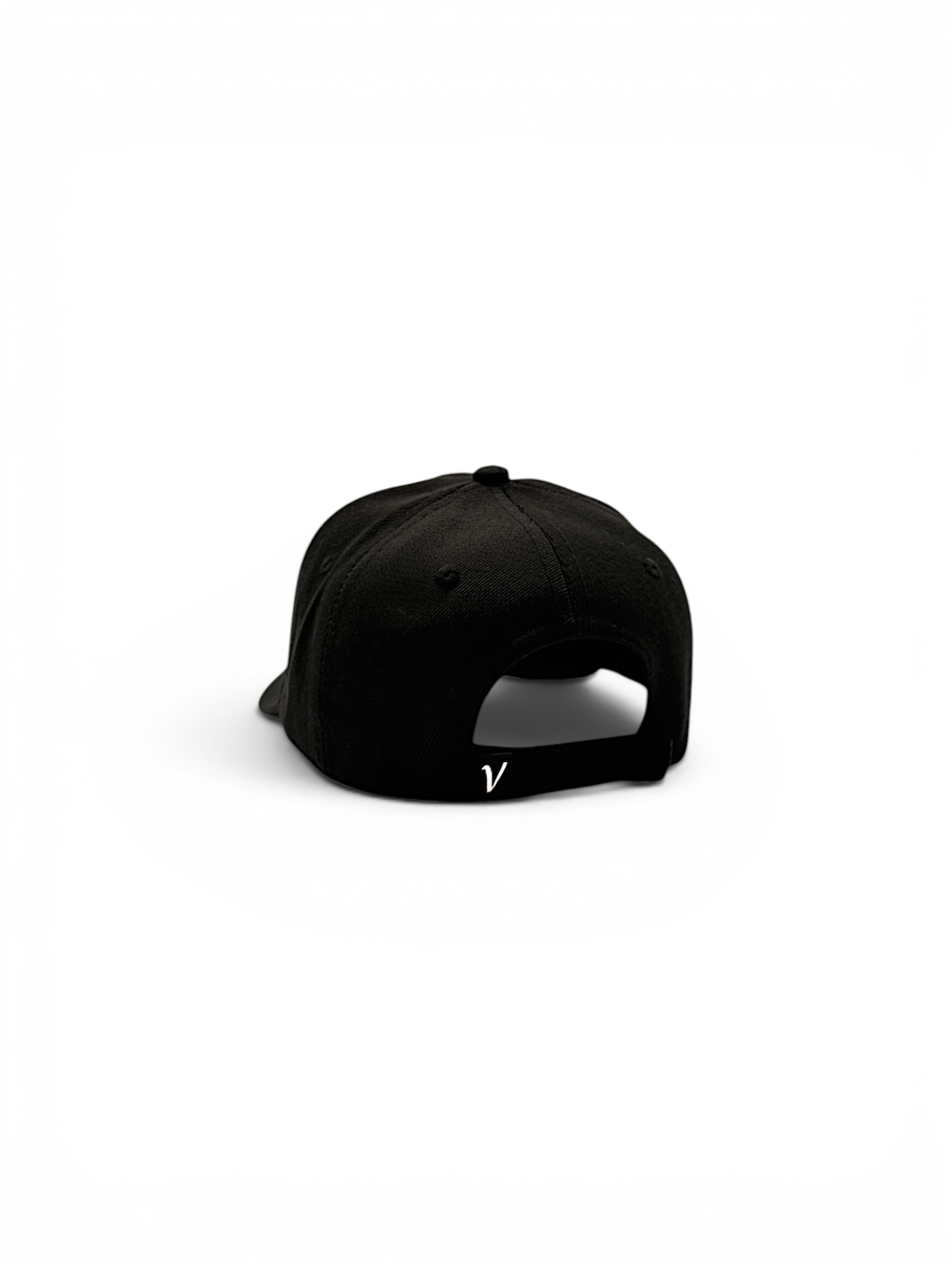 Rear view of the black and white First-Up lifestyle adjustable hat showing the adjustable back