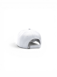 Rear view of the white on white First-Up lifestyle adjustable hat showing the adjustable back