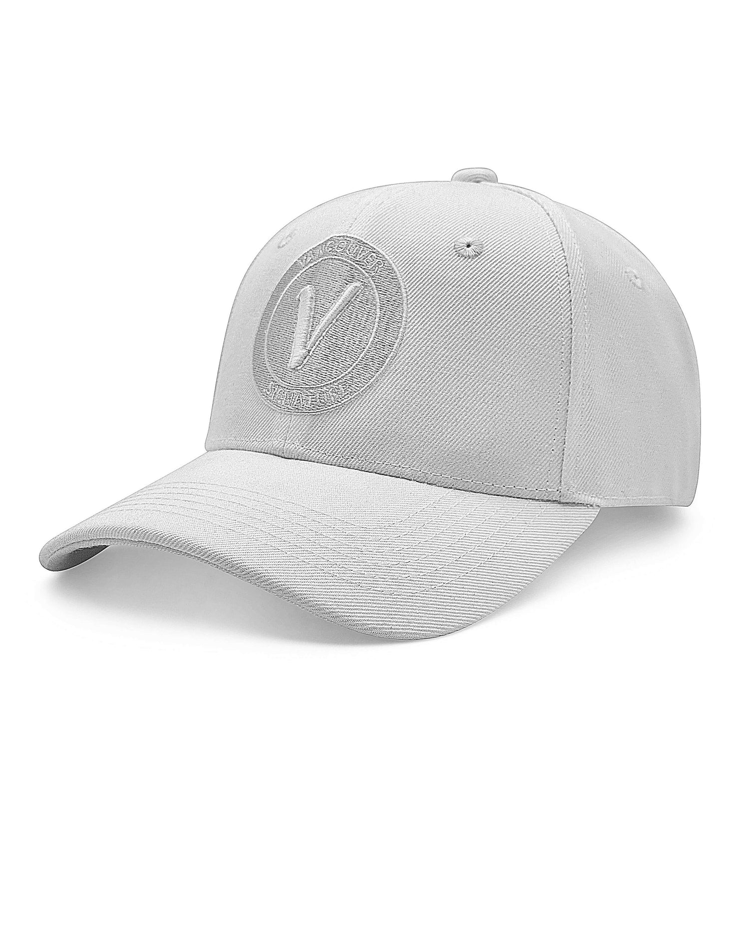 front view of the white on white First Up athleisure adjustable hat by Vancouver Signature
