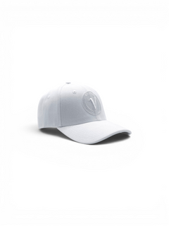 front view of the white on white First Up lifestyle adjustable hat by Vancouver Signature