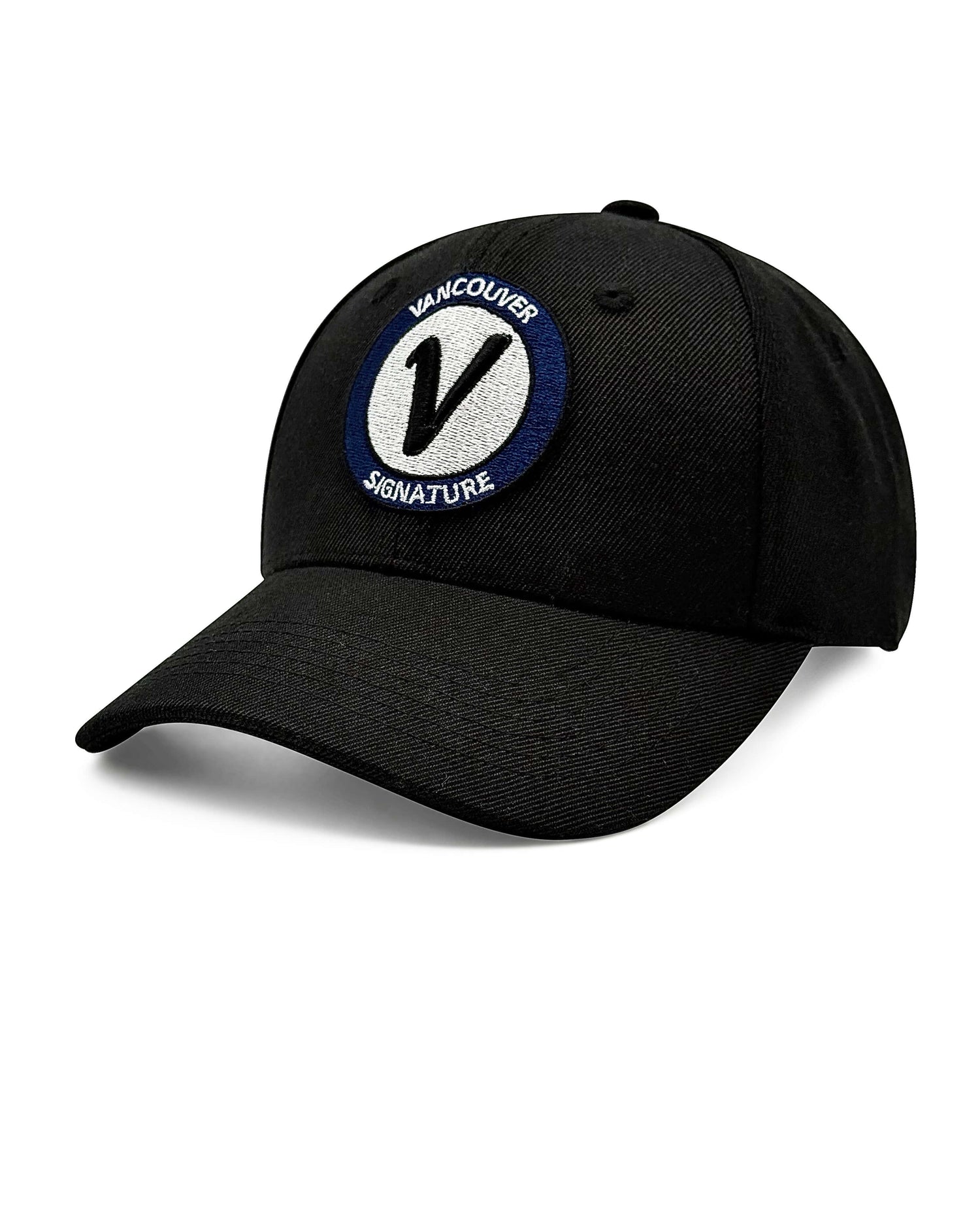 Front view of the black and black Listo premium structured hat by Vancouver Signature