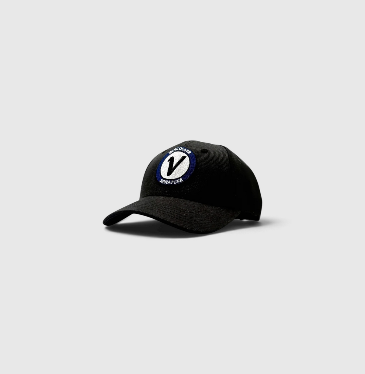 Front view of the black and black Listo premium structured hat by Vancouver Signature