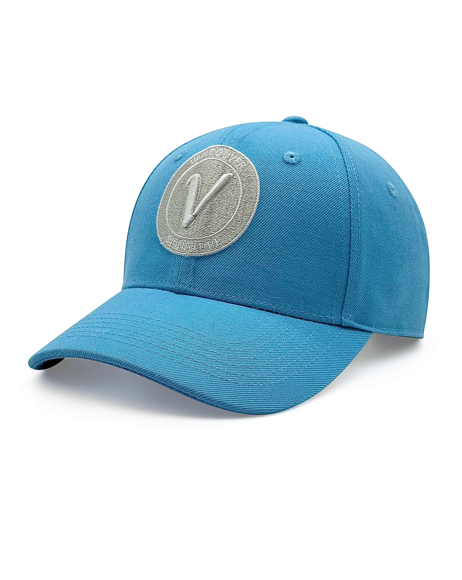 Front view of the lagoon and white Listo premium structured hat by Vancouver Signature